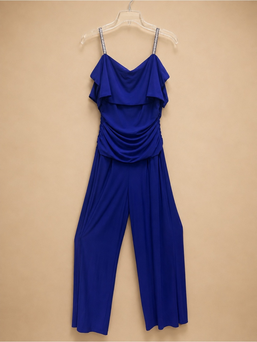 R&M Richards Cobalt Blue Ruffle Wide-Leg Jumpsuit with Jeweled Straps